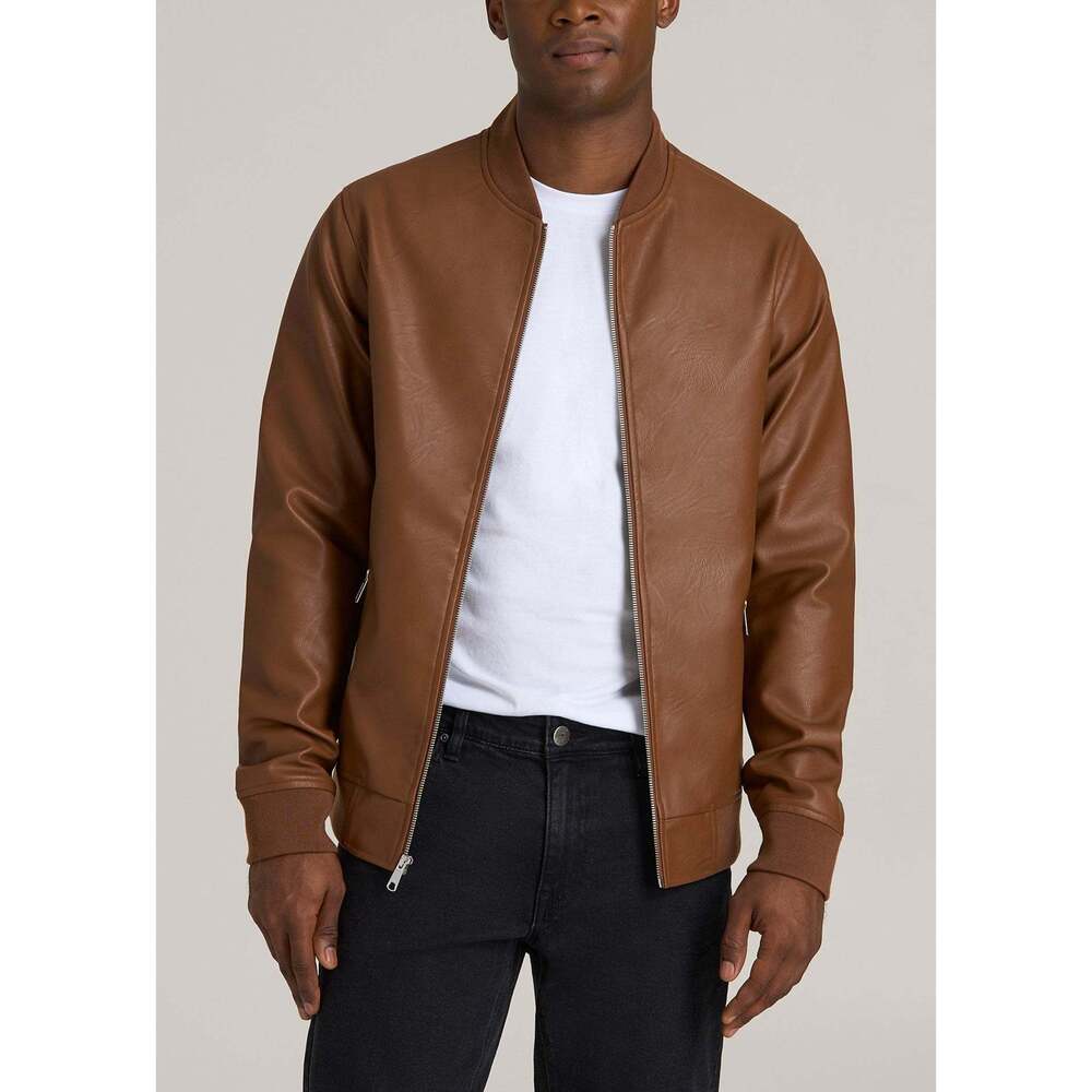 American Tall Faux Leather Bomber Jacket for Tall Men in Aztec Brown Size LL / E